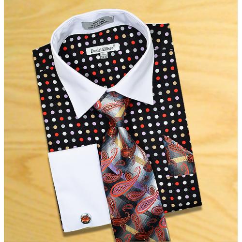 Daniel Ellissa White / Black / Red / Tan / Grey Polks Dots Shirt / Tie / Hanky Set With Free Cufflinks DS3769P2